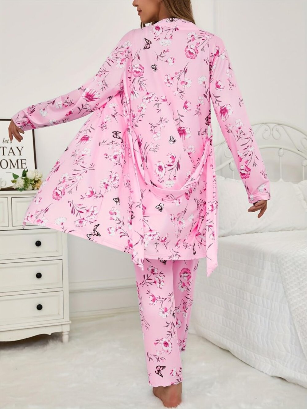 Women's 3-Piece Pajama Set Floral Print Robe Camisole and Long Pants Pink - Picture 6 of 6